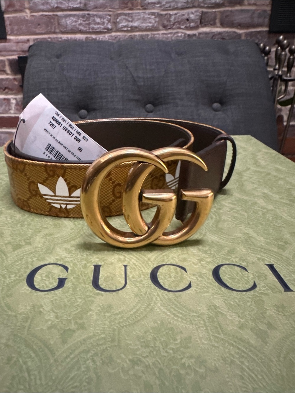 Gucci Brown Monogram Canvas Belt with Gold Double G Buckle